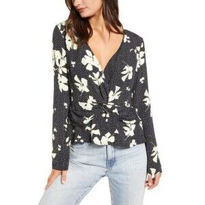 Leith Women's Knot Peplum Top Black City Floral Size S
